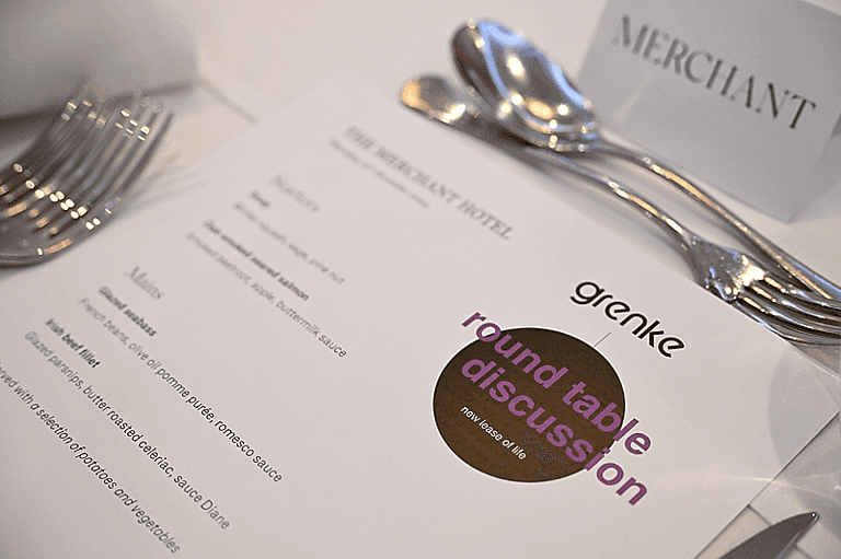 A picture of the Merchant Hotel Menu for the Belfast Roundtable which is branded with the grenke brand.