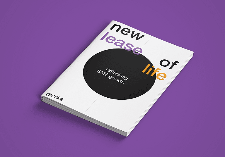 Lease of Life Research Report A photo of the physical copy of grenke's New Lease of Life research report, detailing the untapped potential and benefits of equipment leasing for SMEs, based on insights from over 500 businesses and over 40 years of industry experience.